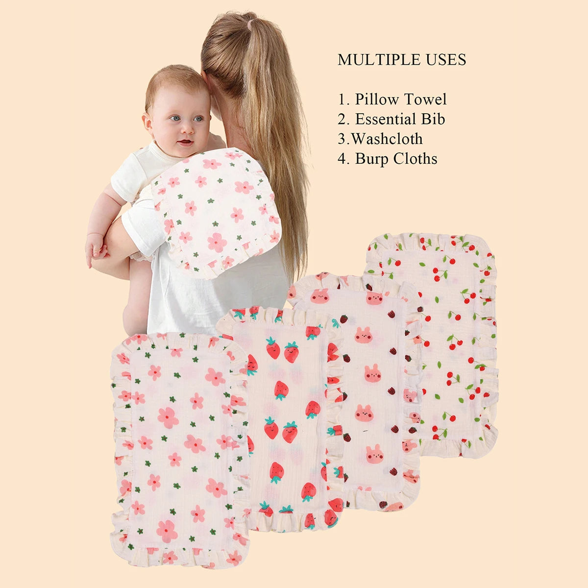 4Pcs/Set Cute Floral Prints Soft Muslin Cotton Gauze Shoulder Rag Baby Burping Pad Ruffle Newborn Baby Burp Cloths