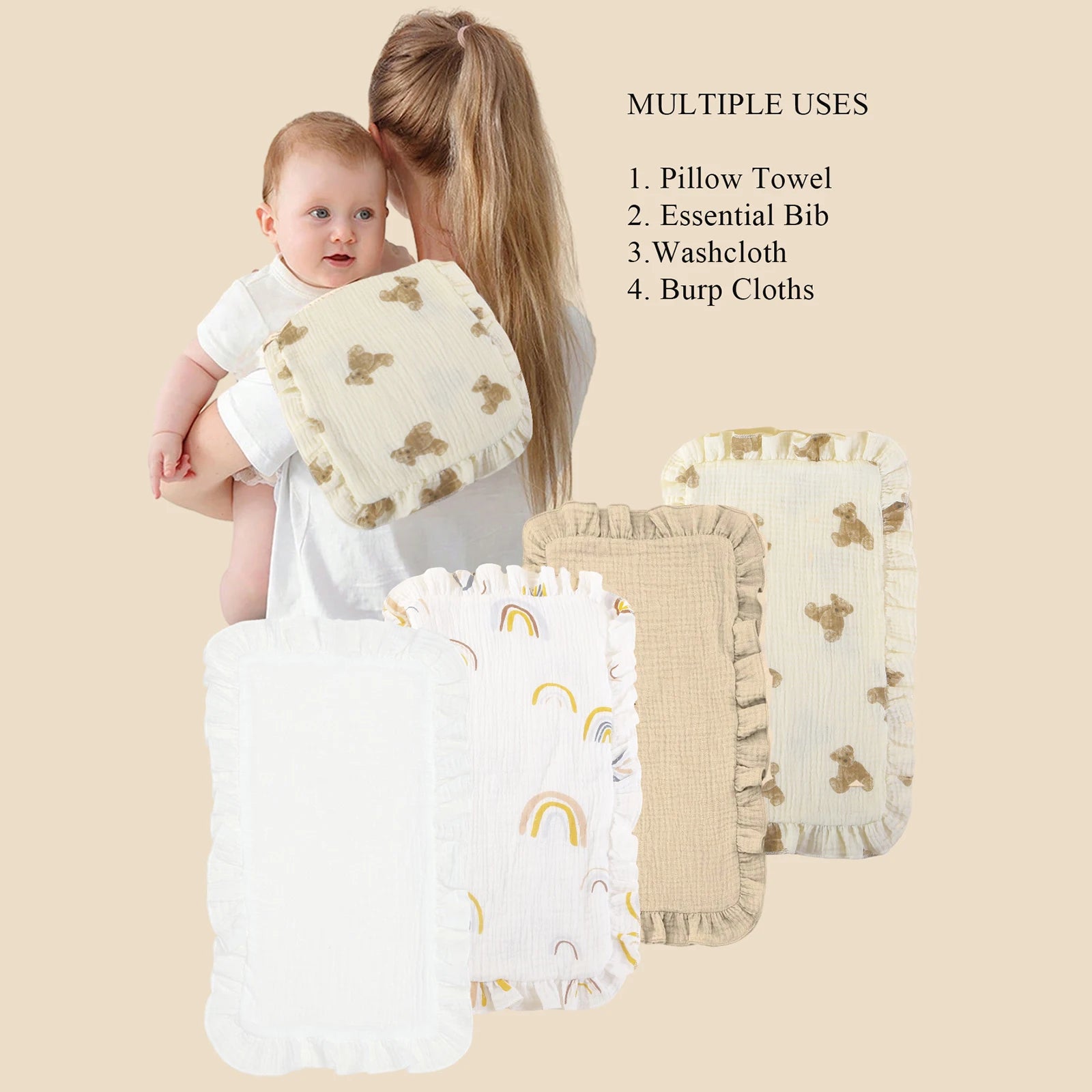 4Pcs/Set Cute Floral Prints Soft Muslin Cotton Gauze Shoulder Rag Baby Burping Pad Ruffle Newborn Baby Burp Cloths
