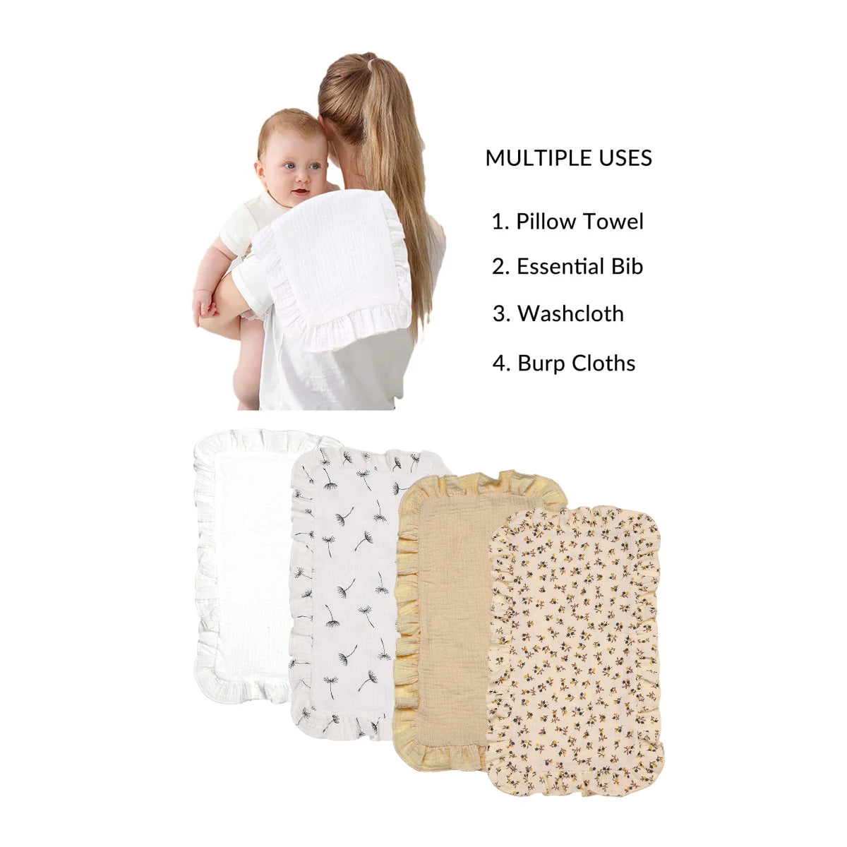 4Pcs/Set Cute Floral Prints Soft Muslin Cotton Gauze Shoulder Rag Baby Burping Pad Ruffle Newborn Baby Burp Cloths