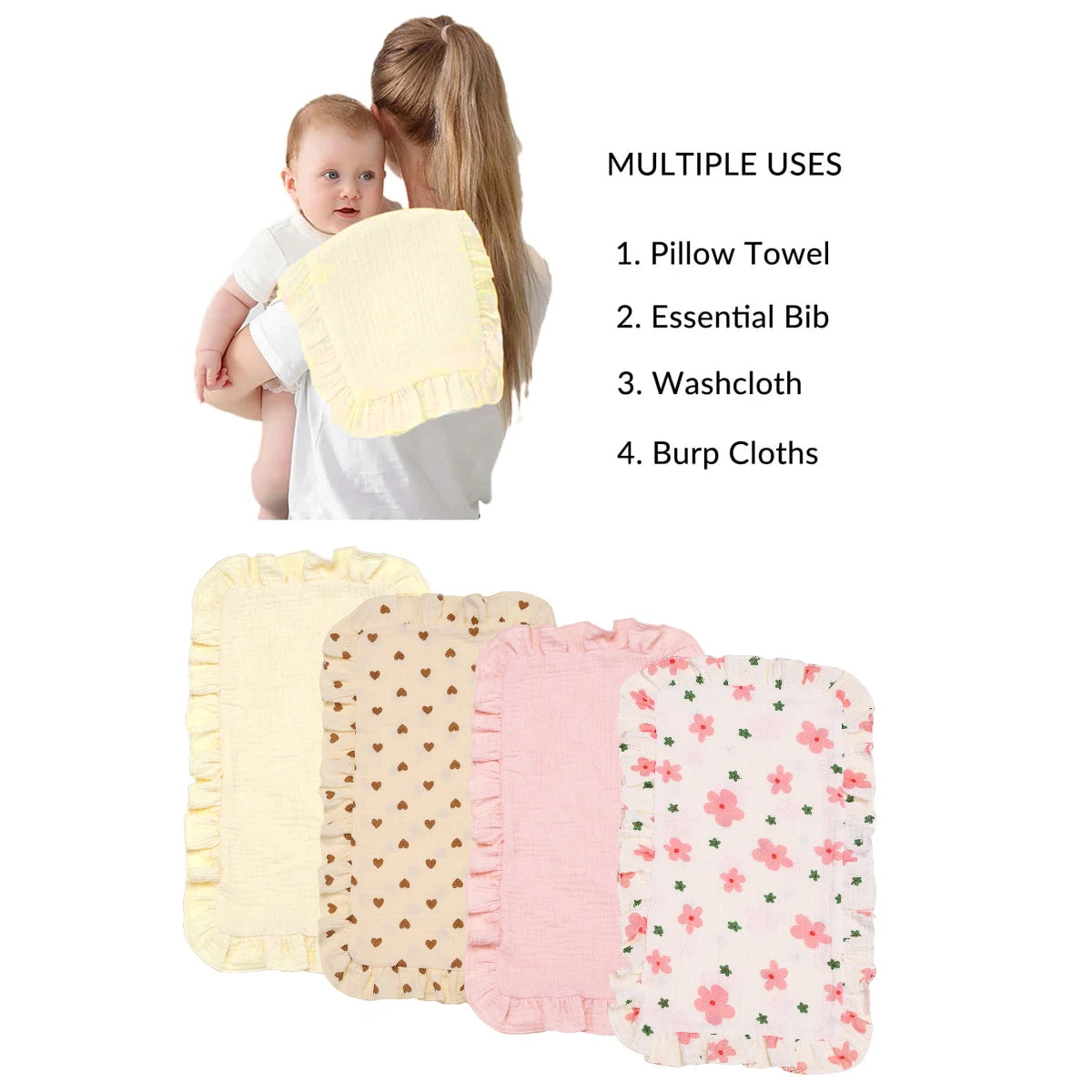 4Pcs/Set Cute Floral Prints Soft Muslin Cotton Gauze Shoulder Rag Baby Burping Pad Ruffle Newborn Baby Burp Cloths
