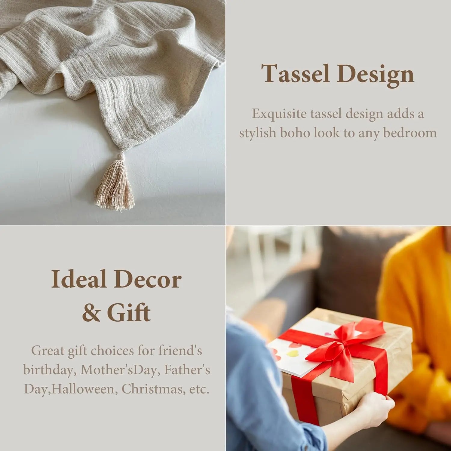 Double-Layer Linen Cotton Throw Blanket with Tassels, Soft Lightweight Breathable for Couch Sofa Bed (104"X90")