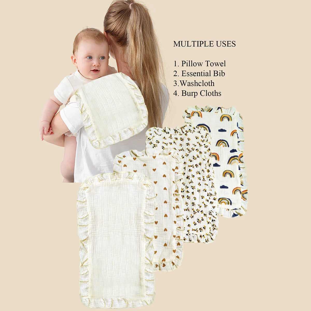 4Pcs/Set Cute Floral Prints Soft Muslin Cotton Gauze Shoulder Rag Baby Burping Pad Ruffle Newborn Baby Burp Cloths