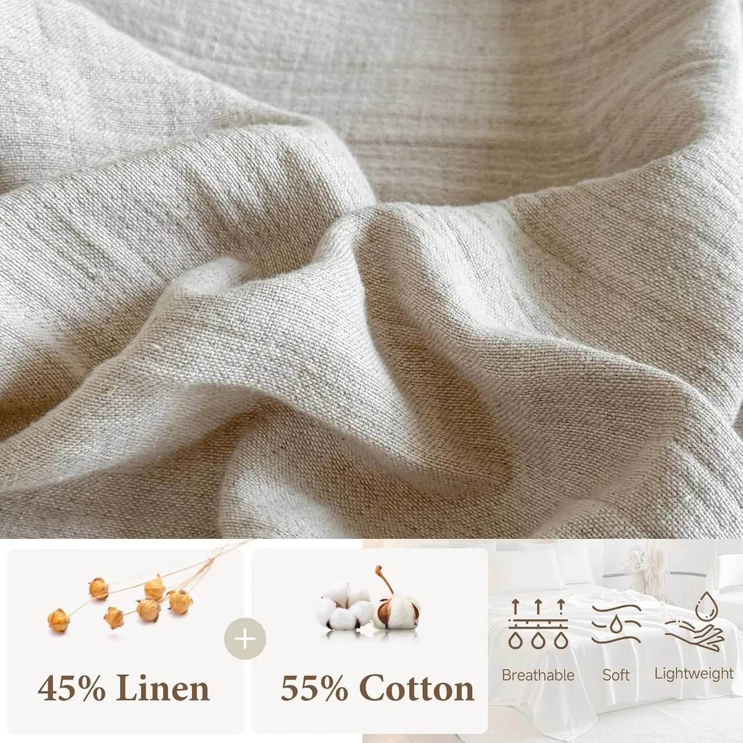 Double-Layer Linen Cotton Throw Blanket with Tassels, Soft Lightweight Breathable for Couch Sofa Bed (104"X90")