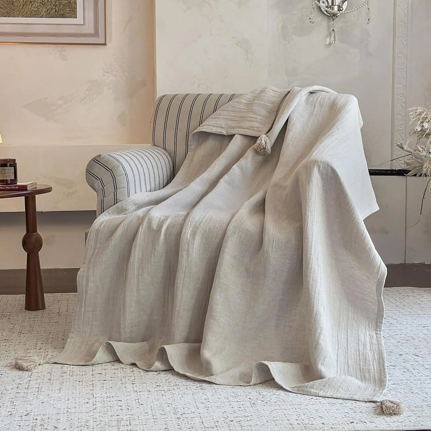Double-Layer Linen Cotton Throw Blanket with Tassels, Soft Lightweight Breathable for Couch Sofa Bed (104"X90")