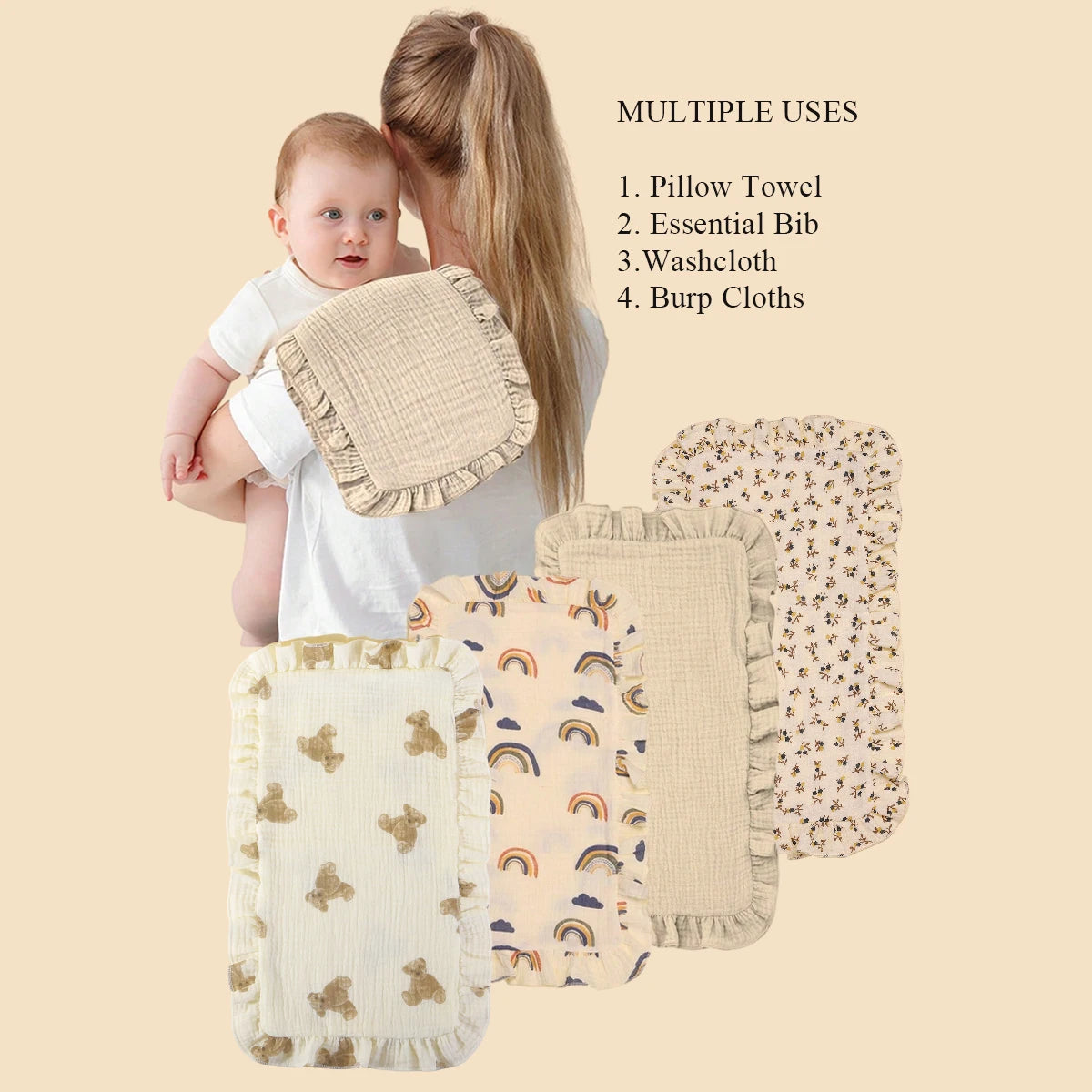 4Pcs/Set Cute Floral Prints Soft Muslin Cotton Gauze Shoulder Rag Baby Burping Pad Ruffle Newborn Baby Burp Cloths
