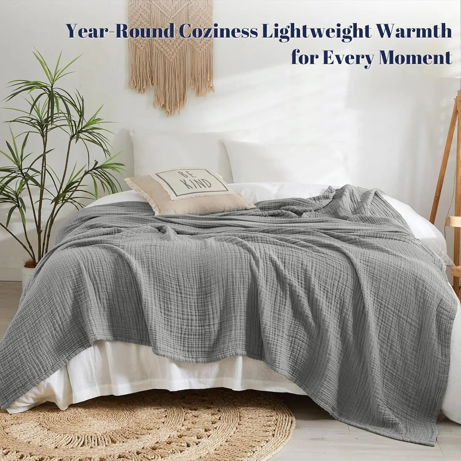 100% Cotton Muslin King Size Blanket, 108x90 Lightweight Gauze Throw, Breathable Soft for Bed Couch Camping Baby Grey Gift