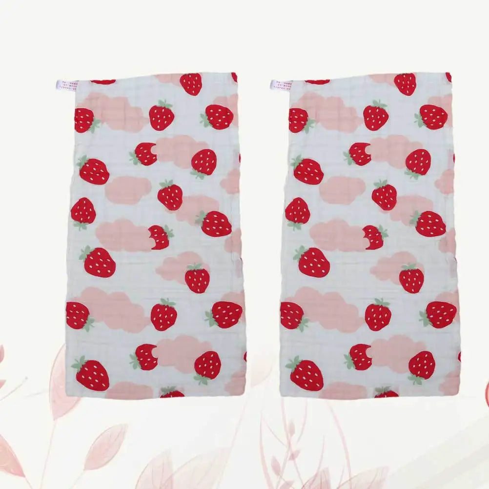 2Pcs Pure Cotton Baby Gauze Handkerchief 25x50cm Strawberry Pattern Small Towel Kids Face Towel Absorbent Drool Protection